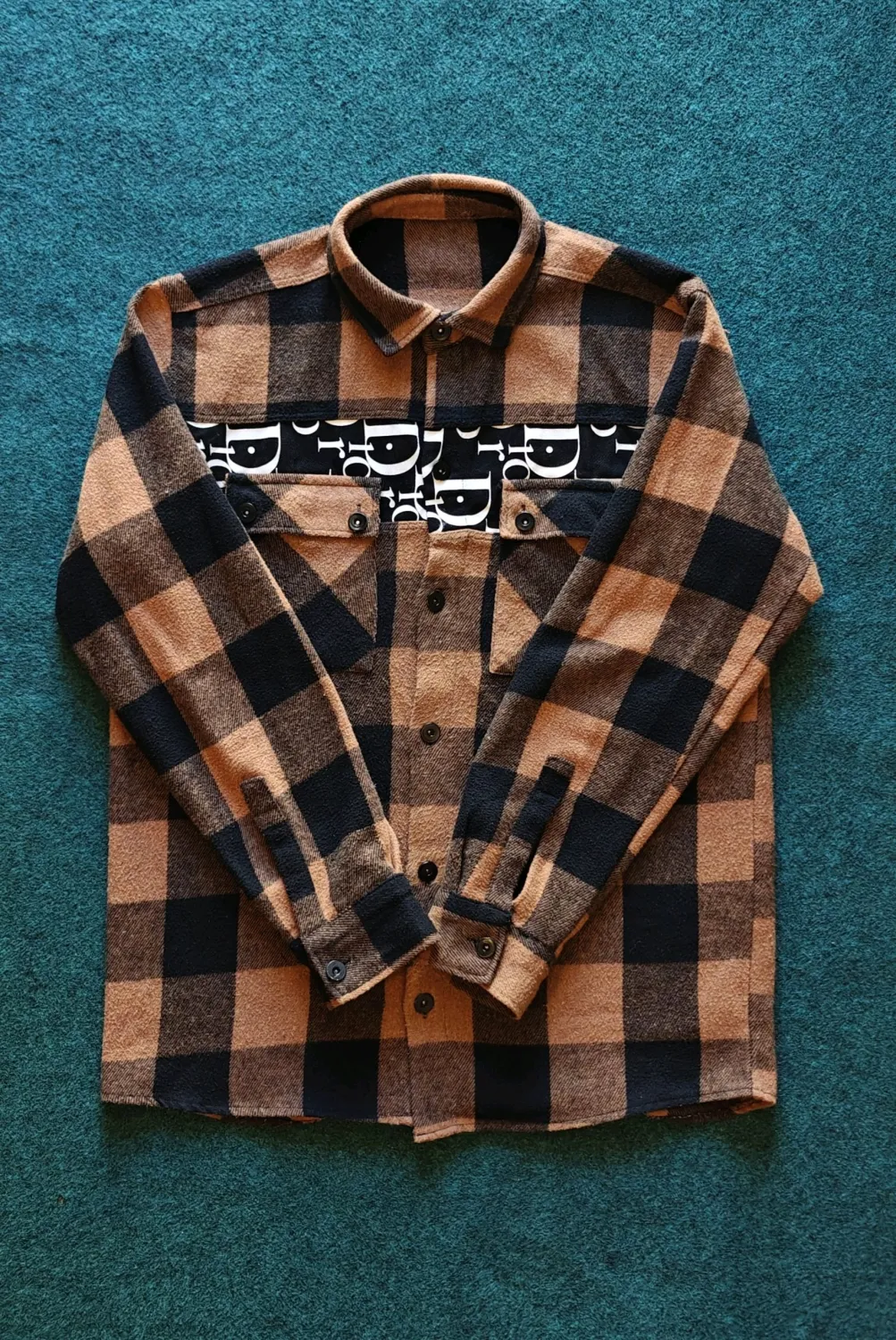 Long Sleeve Flannel Shirt Brown Black Buffalo Plaid Monogram Panel