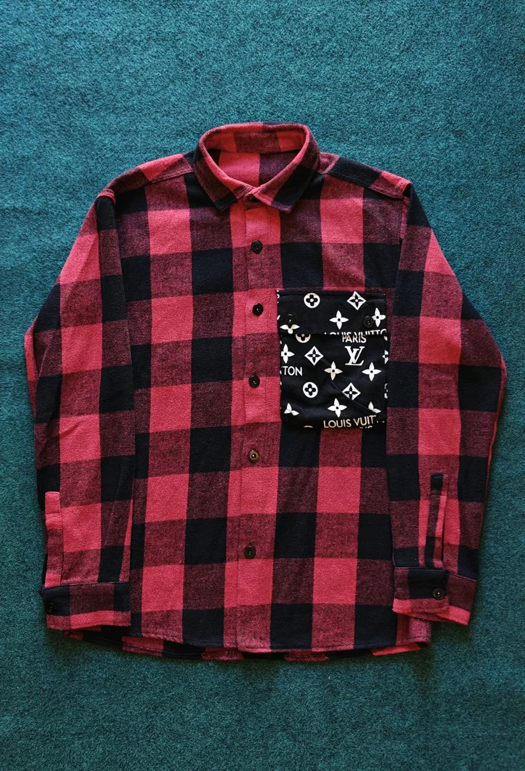 Long Sleeve Flannel Shirt Red Black Buffalo Plaid Monogram Patches